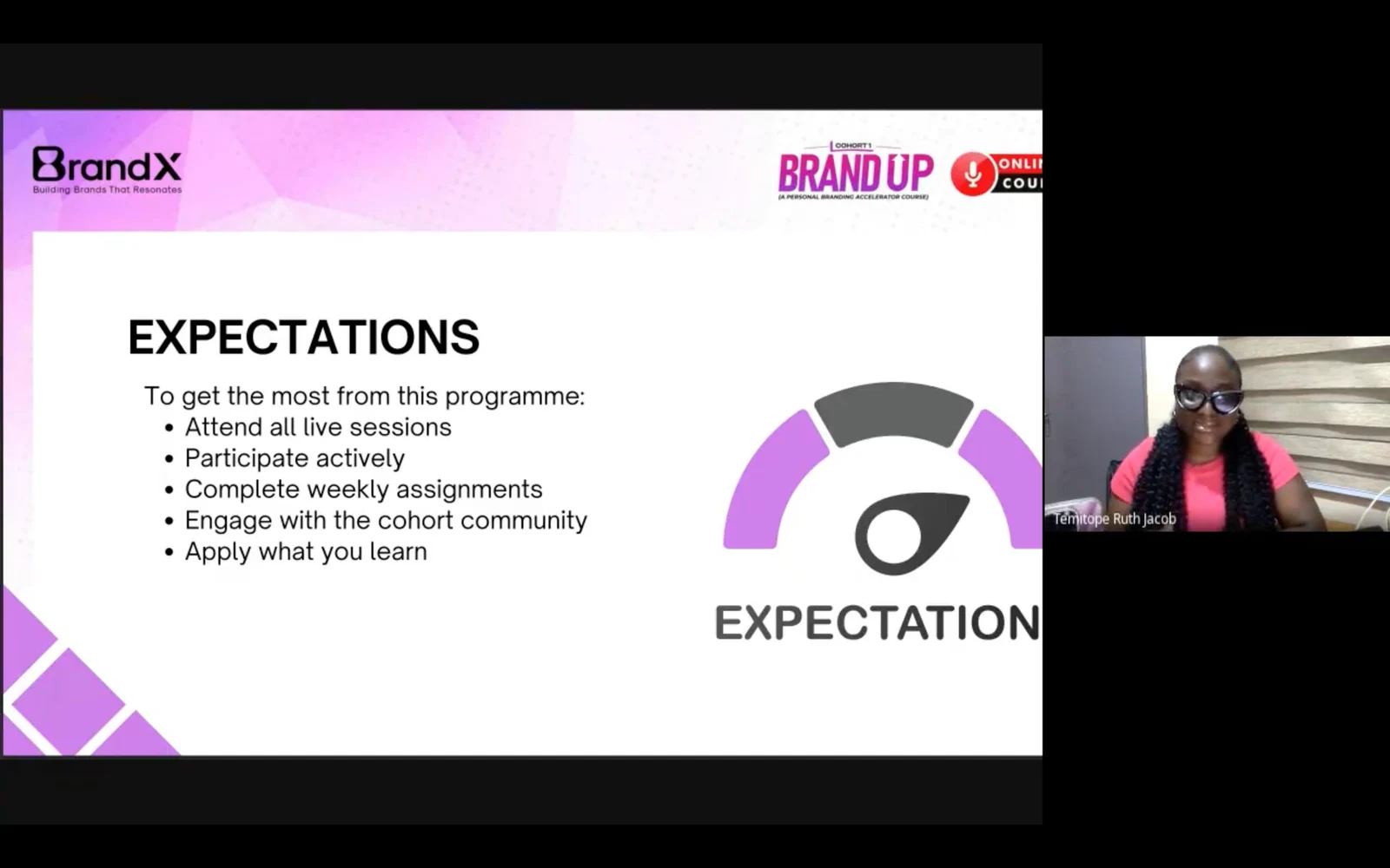 BrandUp cohort live session — expectations slide with TRJ